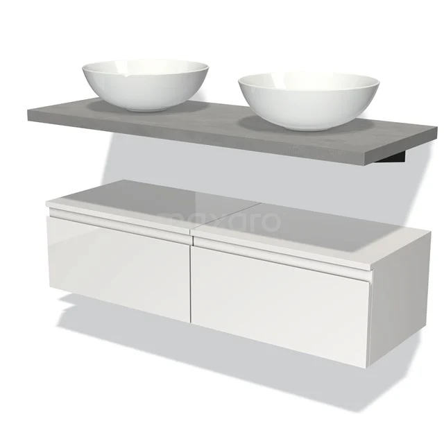 Modern bathroom unit with white drawers, grey wooden shelf and two round, white vanity units for countertop wash basins for a stylish bathroom.
