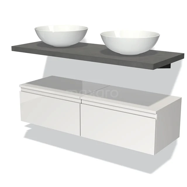 Double sink on floating bathroom unit with white drawers and grey wood-look shelf, modern design.