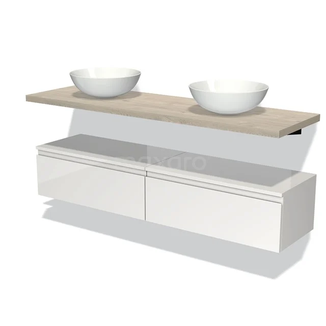 Weißes schwebendes Badmöbel mit Holzplatte, zwei runden Waschbecken und minimalistischem Design, ideal für moderne Bäder.