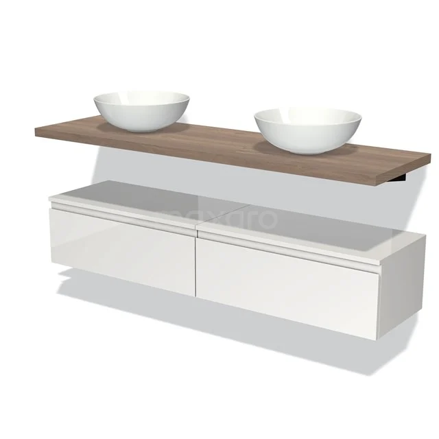 Weißes schwebendes Badmöbel mit Holzplatte und doppelten Aufsatzwaschbecken, modernes Design, ideal für eine schlichte Badezimmergestaltung.