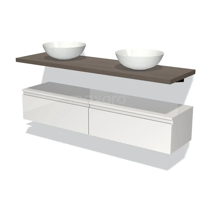 White bathroom furniture set with wood-look basin worktop, two round top washbasins and sleek, modern drawers for extra storage space.