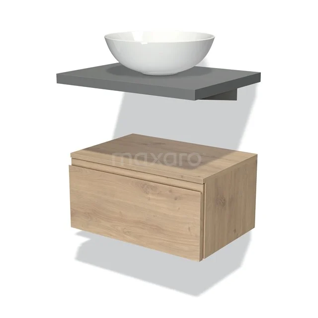 Badmöbel für Aufsatzwaschbecken 60 cm Modulo Plato Hellbraune Eiche 1 Schublade Grifflos Mittelgraue Platte BMK32-00382 Waschbecken-Set mit grauem Regal, weißer Schüssel und holzfarbigem Schrank, ideal für modernes Badezimmerdesign.