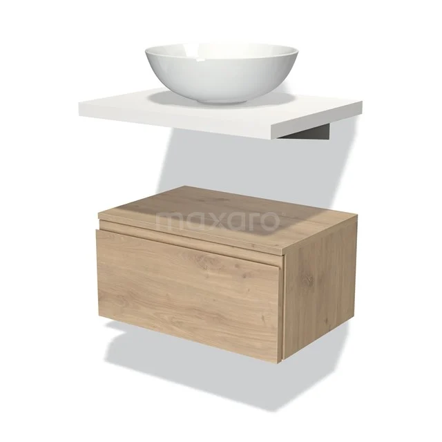 Modulo Plato Badmöbel mit Aufsatzwaschbecken | 60 cm Hellbraune Eiche Grifflos front Matt Weiß blatt Tief hängend BMK32-00384 Holz Badezimmermöbel mit weißem Waschbecken, schwebendes Design, moderne Eiche Schublade und Handtuchregal.