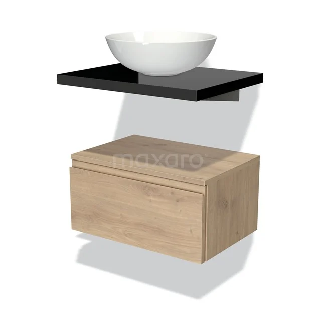 Modern bathroom unit set with black shelf, round white vanity units with basin and oak drawer; stylish and compact design.
