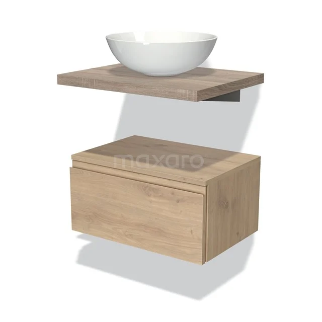 Wooden bathroom furniture set with floating countertop wash basin, oak look, including drawer base unit and matching wall shelf.