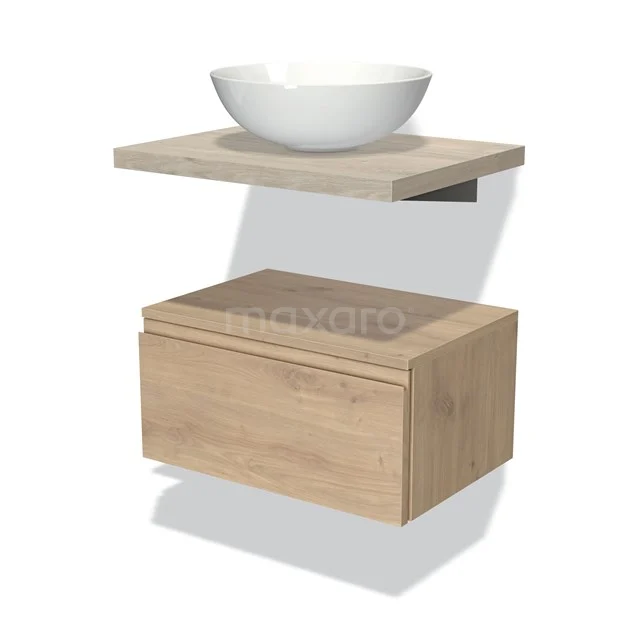 Modulo Plato Badmöbel mit Aufsatzwaschbecken | 60 cm Hellbraune Eiche Grifflos front Hellgraue Eiche blatt Tief hängend BMK32-00392 Wandhängende Badmöbelset in Eiche, mit weißem runden Aufsatzwaschbecken und schwebendem Regal für einen modernen Badezimmerstil.