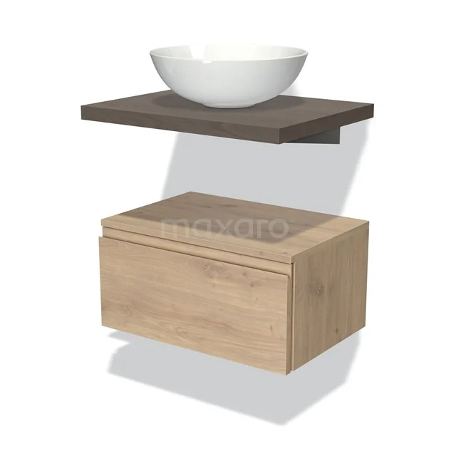 Hölzernes Badezimmermöbelset mit schwebendem Regal, keramischem Aufsatzwaschbecken und Schublade in heller Eiche, ideal für moderne Badezimmergestaltung.