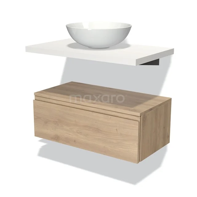 Holz-Badmöbel mit weißem Design-Waschbecken, minimalistischer Stil, schwebendes Modell geeignet für moderne Bäder.