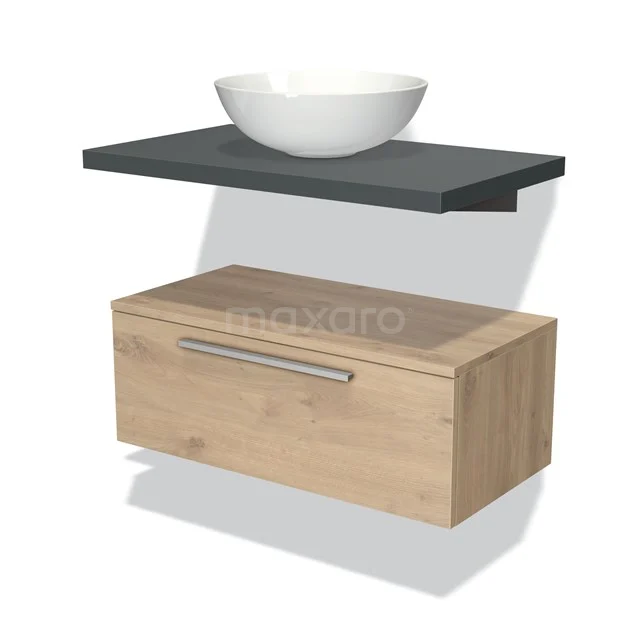 Wooden bathroom unit with grey worktop, modern white countertop wash basin and metal Handle. Perfect for a stylish bathroom.