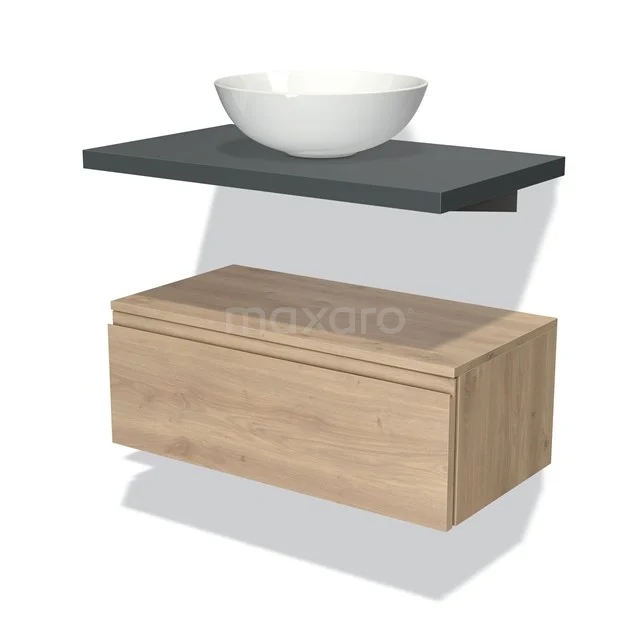 Hölzernes Badmöbel mit Schublade, graue Waschtischplatte und runder weißer Aufsatzwaschbecken; modernes Design, geeignet für stilvolle Bäder.