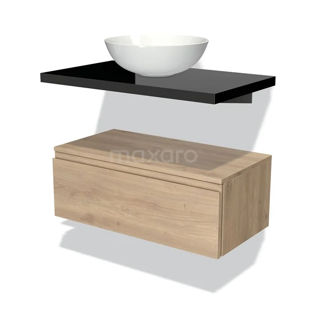 Wooden bathroom unit with floating black shelf and white countertop wash basin, minimalist design for modern bathrooms.