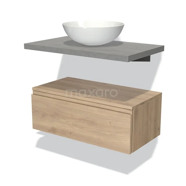 Wooden floating bathroom furniture set with concrete grey worktop and white bowl-shaped sink, modern and minimalist design.