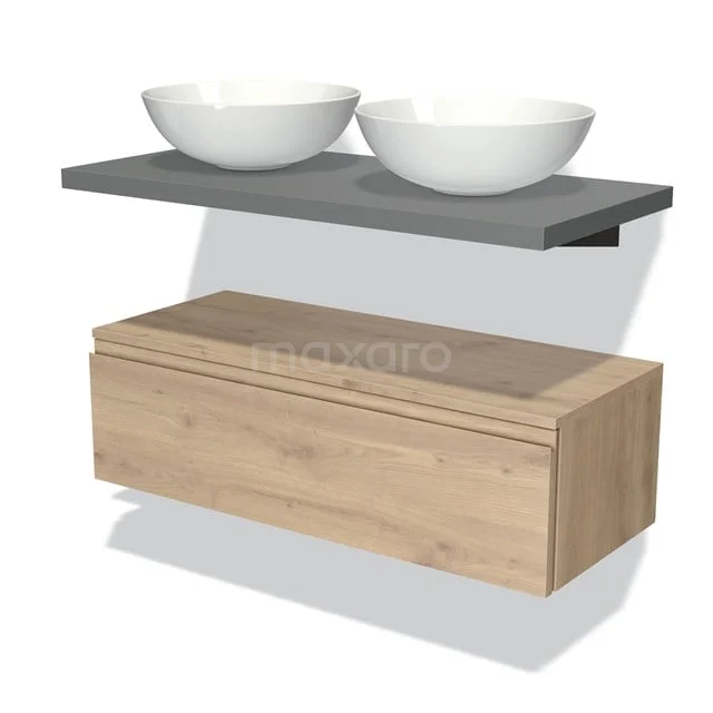 Badmöbel für Aufsatzwaschbecken 100 cm Modulo Plato Hellbraune Eiche 1 Schublade Grifflos Mittelgrau Platte BMK32-00422 Holz-Badmöbel mit Schublade, graue Waschtischplatte und zwei weißen Aufsatzwaschbecken; modernes Design für stilvolle Bäder.