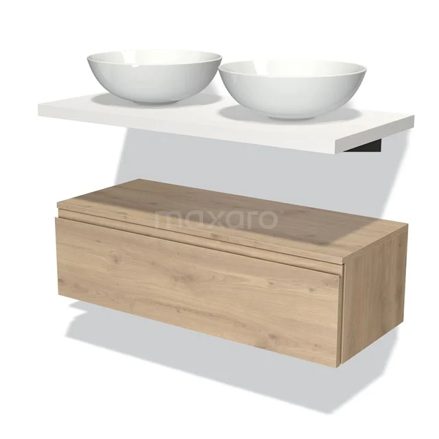 Wooden bathroom unit with white countertop wash basin worktop and two round basins, modern design and practical storage space.