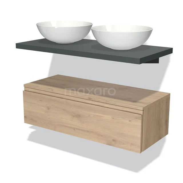 Modern bathroom unit with wooden drawer unit, dark grey basin shelf and two white ceramic countertop wash basins.