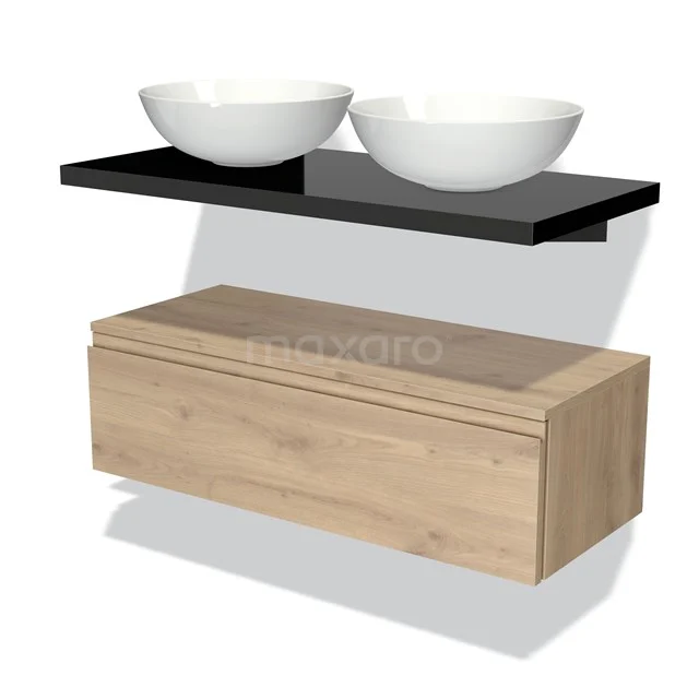 Eichenholz-Badmöbel mit schwarzem Waschtischboard und zwei weißen Aufsatzwaschbecken, modernes und stilvolles Bäder-Set.
