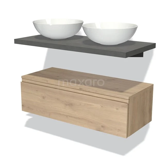 Badkamermeubelset met houten onderkast, betonlook wastafelblad en twee witte ronde wastafelkommen voor een moderne badkamer.