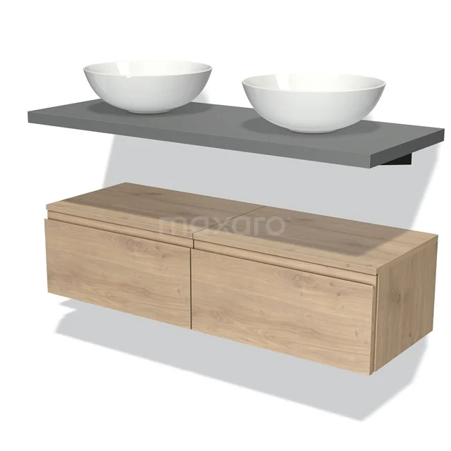Houten badkamermeubel met betonlook wastafelblad en twee witte waskommen, modern design voor strakke badkamers.