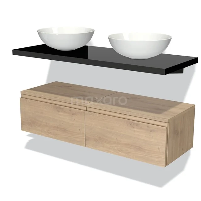 Houten badkamermeubelset met zwarte plank, dubbele witte waskommen, modern design. Perfect voor eigentijdse badkamers.