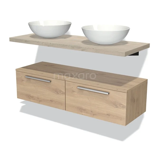 Hölzernes Badezimmermöbel mit zwei weißen Waschbecken, schwebendem Design und Schubladenschrank, ideale moderne Aufbewahrungslösung für das Badezimmer.