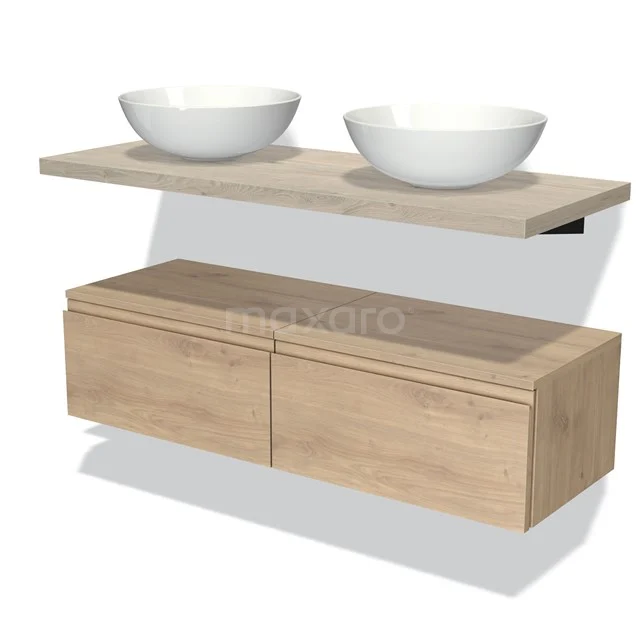 Houten badkamermeubel met twee witte waskommen, zwevend design, ideaal voor moderne badkamers.
