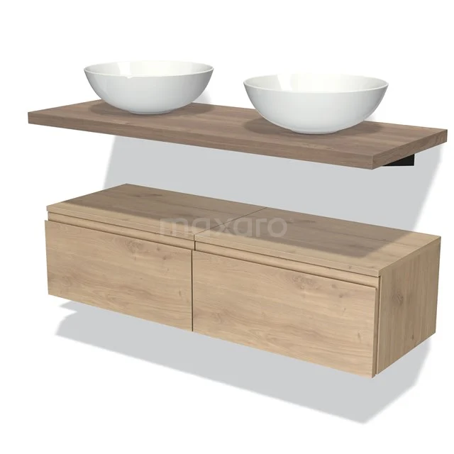 Houten badkamermeubel met dubbele waskom, zwevend ontwerp, licht eiken afwerking en praktische opberglades.