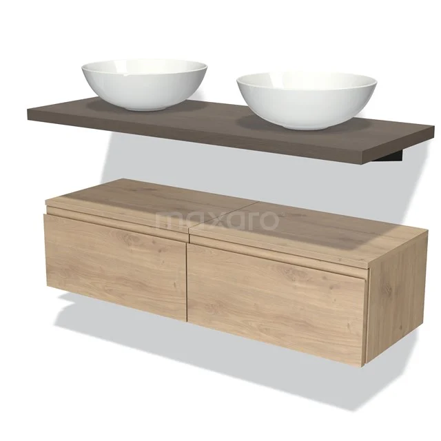 Hölzernes Badezimmermöbel mit doppelten weißen Aufsatzwaschbecken, schwebendes Design, moderner Eichenholz, ideal für stilvolle Bäder.