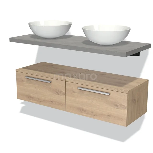 Wooden bathroom unit with drawers and double vanity units for countertop wash basin on grey worktop, modern design for stylish bathroom interior.