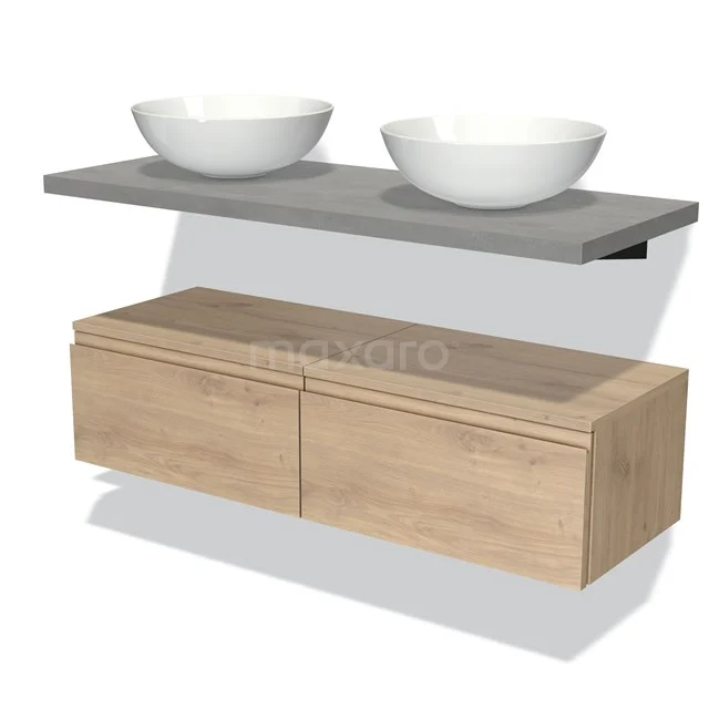 Badkamermeubelset met houten ladekast, betonlook wastafelblad en twee witte waskommen voor een stijlvolle moderne badkamer.