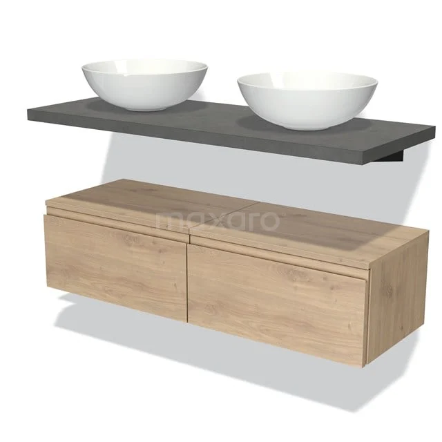 Holz-Badmöbel mit zwei weißen Aufsatzwaschbecken, grauer Platte und schwebendem Design, ideal für einen modernen Badezimmerstil.