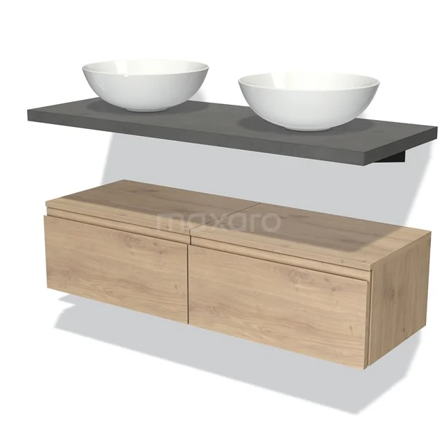 Houten badkamermeubel met twee witte waskommen, grijs blad en zwevend design, ideaal voor een moderne badkamerstijl.