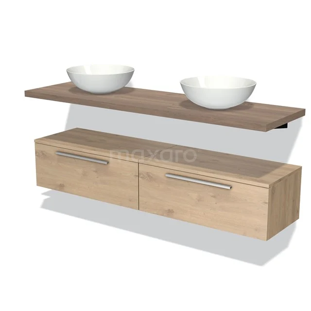 Wooden bathroom unit with two countertop wash basins, floating design and drawer fronts in light Oak for a modern bathroom style.