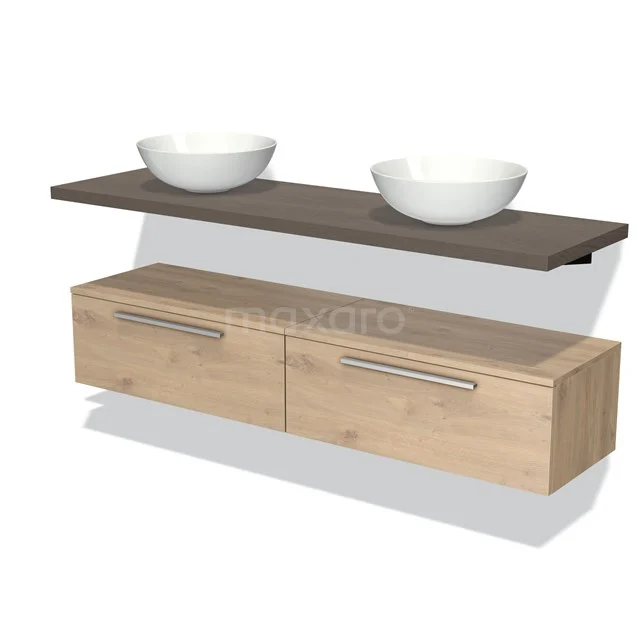 Wooden bathroom unit with two drawers, dark worktop and two white countertop wash basins, ideal for a modern bathroom style.