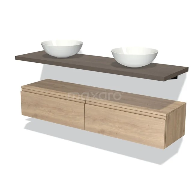 Holz-Badmöbel mit zwei weißen Aufsatzwaschbecken, Wandmontage, Dunkelgrau Platte und heller Eiche Schrank, modernes nachhaltiges Design.