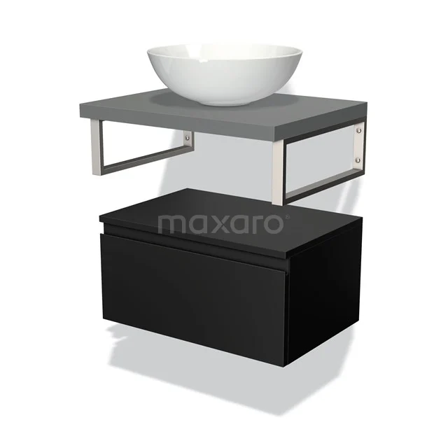 Moderne zwarte badkamermeubelset met grijs wastafelblad, witte ronde waskom en metalen details voor een stijlvolle badkamer.