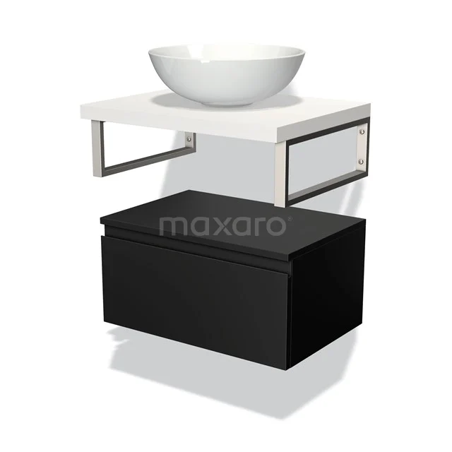 Modulo Plato Badmöbel mit Aufsatzwaschbecken | 60 cm Matt Schwarz Grifflos front Matt Weiß blatt Tief hängend BMK32-00484 Weiße keramische Waschbecken auf modernem schwarzen Unterbau, Wandmontage mit metallischen Details, ideal für stilvolle Bäder.