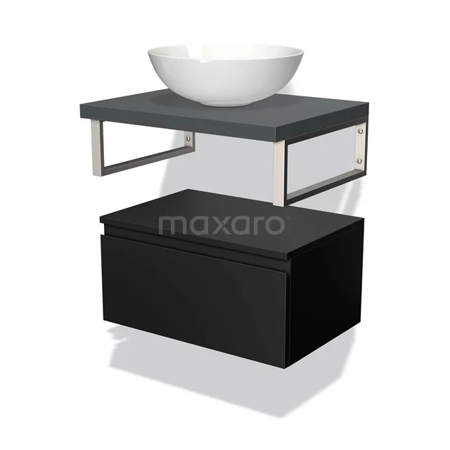 Modern black bathroom furniture set with basin, matt grey shelf and metal accents, perfect for a stylish bathroom.