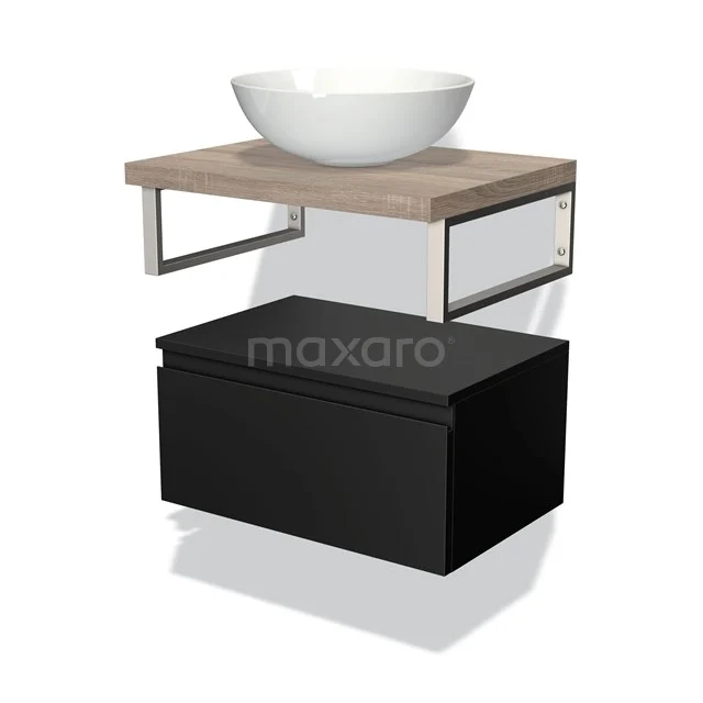 Floating bathroom furniture set Black with wooden worktop and white top washbasin, modern design with metal frame.