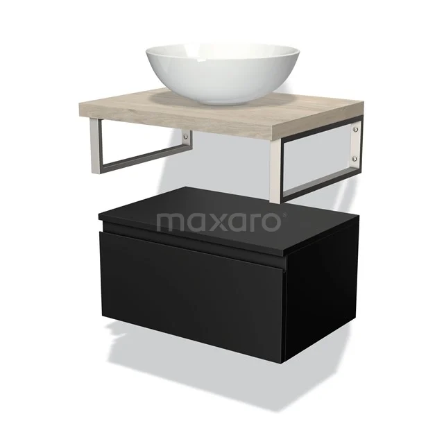 Hanging bathroom unit, black cabinet, wooden shelf with white round countertop wash basin, modern design, ideal for a stylish bathroom.