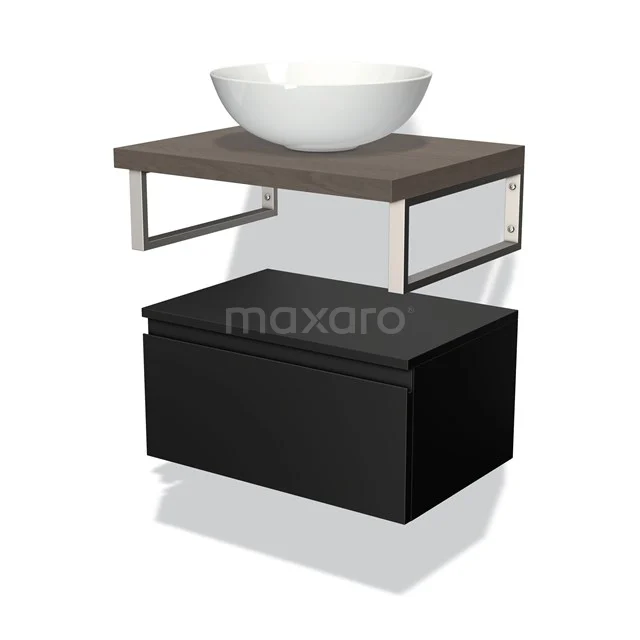 Moderne schwarze Badmöbelset mit Holz-Waschtischplatte, weißer schalenförmiger Waschbecken und Stahlrahmen.