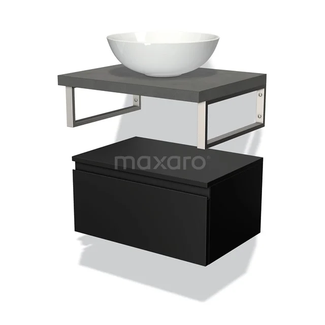 Badmöbel für Aufsatzwaschbecken 60 cm Modulo Plato Matt Schwarz 1 Schublade Grifflos Dunkelgrau Beton Platte BMK32-00500 Zwevend Badmöbel in Schwarz Holz, mit grauer Waschbeckenplatte und weißer komförmiger Waschbecken, modernes Design.