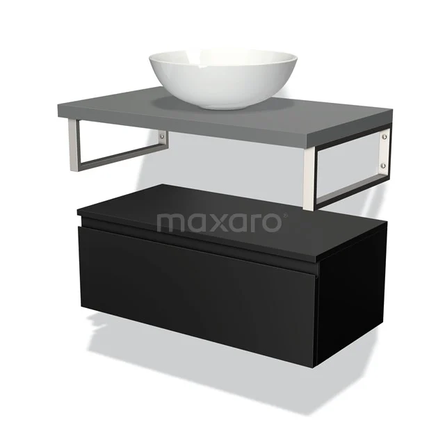 Badmöbel für Aufsatzwaschbecken 80 cm Modulo Plato Matt Schwarz 1 Schublade Grifflos Mittelgrau Platte BMK32-00502 Moderne schwarze Badmöbelset mit grauer Platte, weißem Waschbecken und metallischen Akzenten, ideal für ein stilvolles Badezimmer.