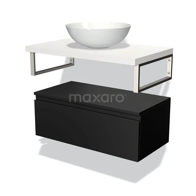 Moderne schwarze Waschbeckenunterschrank mit weißer Platte, integrierten Stauraum und stilvollem Design-Aufsatzwaschbecken für das Badezimmer.