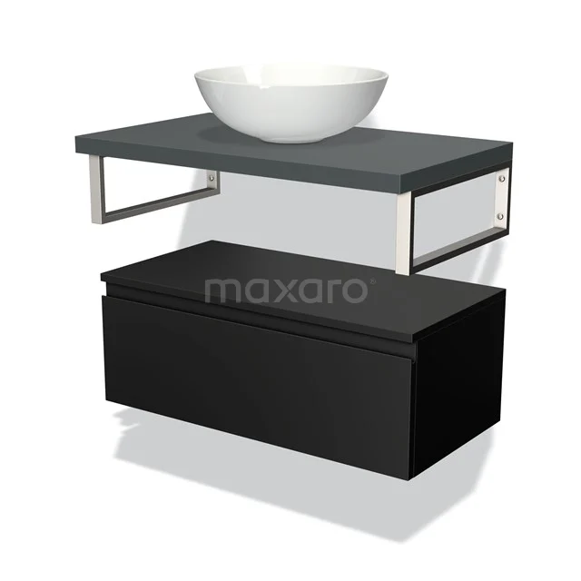 Modern bathroom furniture set with black drawers, grey shelf and white oval basin; stylish design suitable for any bathroom.