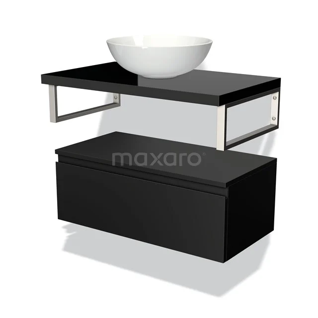 Black floating bathroom unit with white ceramic countertop wash basin, chrome accents and storage drawer, modern design.