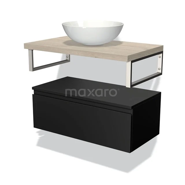 Schwarzes Badmöbel mit Holz-Waschtischplatte, weißem Aufsatzwaschbecken und metallischen Akzenten, modernes und elegantes Design.