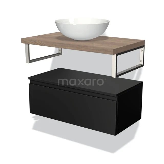 Modern bathroom furniture set with black drawers, wood-look worktop, black metal frame and white countertop wash basin, ideal for a stylish bathroom.