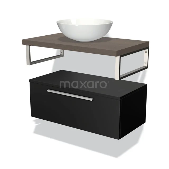 Black bathroom furniture set with wooden wall shelf, white round basin and metal accents, modern design.
