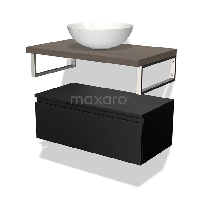 Black bathroom furniture set with wooden basin worktop, white basin worktop and metal frame; modern and stylish design.