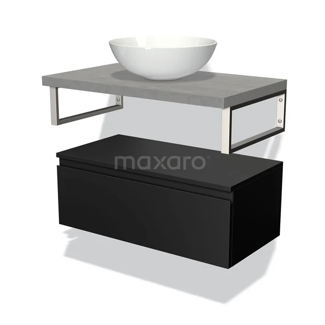 Floating bathroom unit with black drawer, grey worktop and white countertop wash basin, modern design with black metal frame.